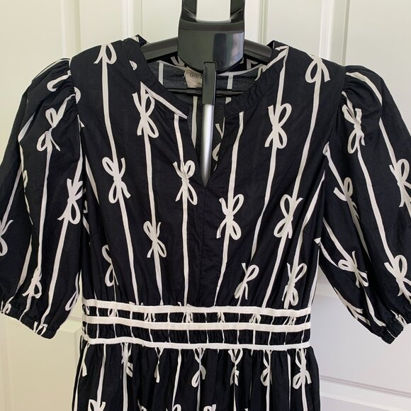 Umgee Womens Bow Tie Print Notched Contrast Velvet Trim Dress Ruffle Cotton Sz L - Picture 6 of 14